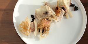 The chicken liver parfait with umeshu-marinated currants,dried taro and lotus root crisps.