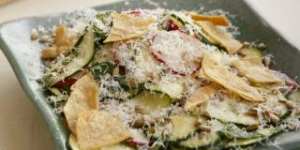 Zucchini with lime,pecorino and tortillas.