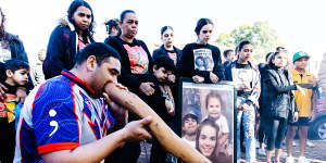 Loved ones of Gordon Copeland pictured outside Moree Courthouse on Monday.