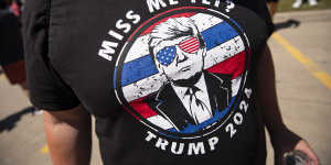 A shirt supporting former President Donald Trump during the Iowa State Fair in Des Moines.