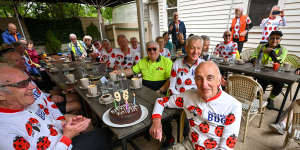 The oldest Banyule Bicycle User Group member Kelvin Chamier on his 96th birthday with friends at Churchill cafe,Mont Albert.