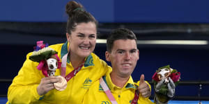 Daniel Michel and ramp assistant Ash McClure after winning Australia’s first boccia medals in 25 years on Wednesday. 
