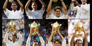 Federer’s winning ways at Wimbledon. From top left in 2003,2004,2005,2006,2007,2009,2012 and 2017.