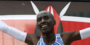 Kelvin Kiptum celebrates his Chicago Marathon record victory in October.