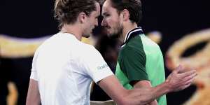 Old rivals:There was one flashpoint between Zverev and Medvedev tonight,but they shook hands respectfully at the end.