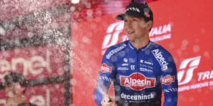 Australian Kaden Groves celebrates winning the fifth stage of the Giro d’Italia.