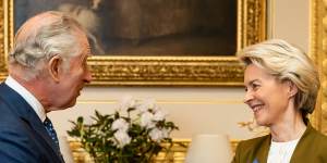 King Charles III greets European Commission president Ursula von der Leyen at Windsor Castle.