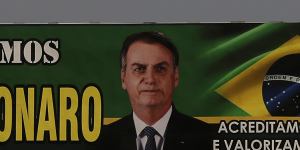A billboard supporting Brazilian President Jair Bolsonaro at the entrance of a farm in the municipality of Humaita,Amazonas state,Brazil,where deforestation is rife.