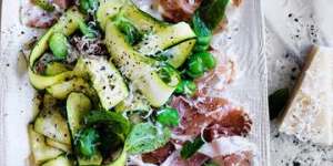 Zucchini,broad bean and mint salad with cured ham