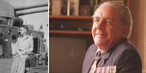 Rothesay Swan as a teenager at war on the HMAS Shropshire,left,and at his home in Killara in 2004.