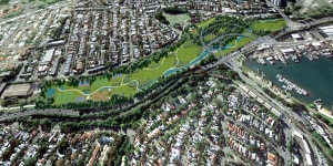 An artist's impression of the parkland planned to cover the existing Rozelle Rail Yards,under which a motorway interchange will be built.