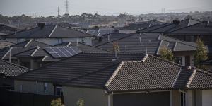 Dark roofs dominate a housing estate in the growth area suburb of Tarneit,in Melbourne’s west.