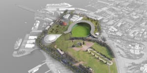 In 2019,Hobart architect Don Gallagher released concept plans of a stadium at Macquarie Point that leaves the Cenotaph visible from the ground. It was featured in the state government’s taskforce report into an AFL team.