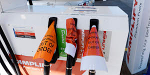 Sold-out signage on the petrol bowsers at Ampol Foodary Kingsford.