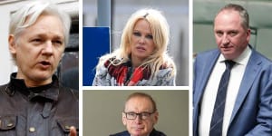From left:Julian Assange,Pamela Anderson,Barnaby Joyce,Bob Carr. 
