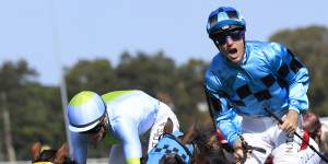 Tommy Berry is jubilant after winning the Rosehill Guineas on Mo’unga in March.