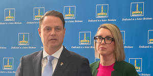 Lord Mayor Adrian Schrinner and finance committee chair Fiona Cunningham taking media questions about the Brisbane City Council budget.