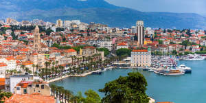 View of Split city,Diocletian Palace and Mosor mountains in background. 