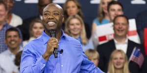 Republican presidential candidate Tim Scott delivers his speech announcing his candidacy for president of the United States on the campus of Charleston Southern University in North Charleston,South Carolina.