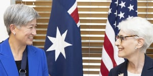 Penny Wong and United States Deputy Secretary of State Wendy Sherman during a meeting,at Parliament House in Canberra on Monday.