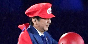 Shinzo Abe appears as the Nintendo game character Super Mario during the closing ceremony at the 2016 Summer Olympics in Rio de Janeiro.