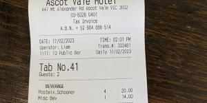 The bill at the Ascot Vale Hotel.