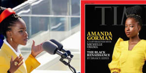 Amanda Gorman at the Presidential inauguration (left) and on the cover of Time magazine.