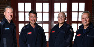 From left,senior firefighters Bennett Gardiner and Mitchell Bennetts,leading firefighter Gonzalo Herrera and station officer Mike Stuart at Drummoyne Fire Station.