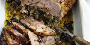 Leg of lamb with herb and pinenut stuffing.