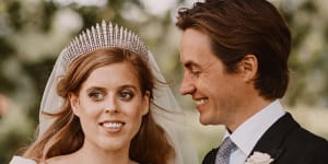 Princess Beatrice wears her grandmother’s Norman Hartnell couture gown on her wedding day along with Queen Mary’s Fringe Tiara.