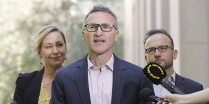 Adam Bandt,right,wants to run for the leadership on the Greens,replacing Richard Di Natale,centre.