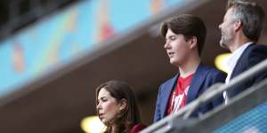 Mary,Crown Princess of Denmark,looks from the stands with her son Prince Christian and husband Crown Prince Frederik at the Euro 2020 in Wembley,London.