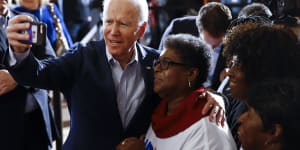 Joe Biden with a voter in the South Carolina Democratic primary. 