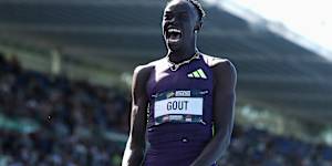 Gout Gout of Queensland celebrates breaking the world junior record and Australian Record in the men’s 200m.