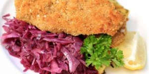 Veal schnitzel with braised cabbage.