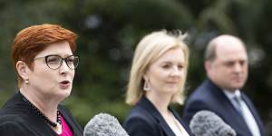 Foreign Affairs Minister Marise Payne with British Foreign Secretary Liz Truss and Defence Secretary Ben Wallace at Kirribilli House on Friday.