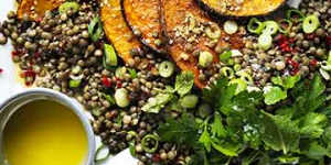 Neil Perry's warm pumpkin salad with lentils and chilli.