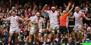 Georgia celebrate their one-point win over Wales last week. 