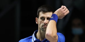 Novak Djokovic of Serbia reacts during the Davis Cup semi final against Marin Cilic of Croatia at Madrid Arena on December 03,2021 in Madrid,Spain. 