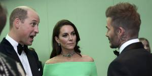 The Prince and Princess of Wales chat with David Beckham at the Earthshot Prize.