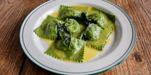 Nettle,buffalo ricotta and pine mushroom ravioli with sage butter at La Cantina.