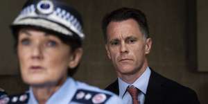Police Commissioner Karen Webb and Premier Chris Minns at a press conference on Tuesday morning in Surry Hills.