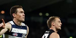 Jeremy Cameron of the Cats celebrates a goal.