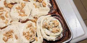 Gingerbread bun with cinnamon cognac glaze and gingerbread cookie at Ard,Stanmore.