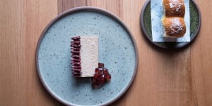 Duck parfait with preserved cherries and parker house rolls.