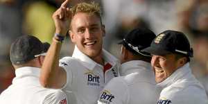 Winners are grinners:Stuart Broad celebrates with teammates during the fourth Test against Australia.