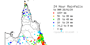 Tropical Cyclone Kirrily brought heavy rain to north Queensland,with the flood risk extending to areas further west.