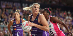 Donnell Wallam of the Firebirds in action during the round five Super Netball match between Queensland Firebirds and Adelaide Thunderbirds at Nissan Arena,on April 17,2022,in Brisbane,Australia. 