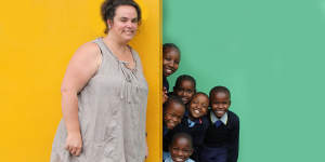 Gemma Sisia,founder of the School of St Jude,with students in Arusha,Tanzania.