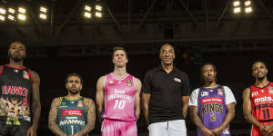 Chicago Bulls legend Scottie Pippen with Gary Clark,Jordon Crawford,Tom Abercrombie,Jaylen Adams,Bryce Cotton and Chris Goulding at the 2024 NBL Finals launch.